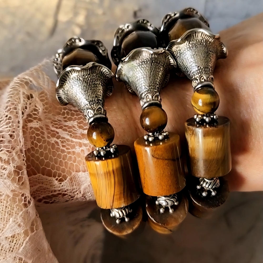 Heavy Silver Plated Bracelet Stacking Natural Tig… - image 7